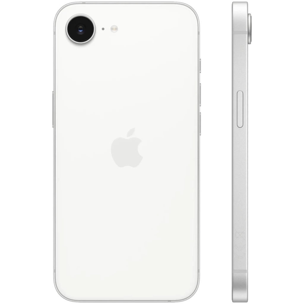 iPhone 17e blanco 256GB con trasera blanca brillante, logo Apple centrado, cámara única con flash y bordes planos plateados con botones laterales