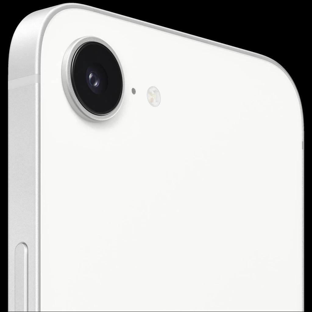 Cámara trasera del iPhone 17e blanco con lente grande y flash LED en esquina superior; borde de aluminio y acabado blanco mate elegante
