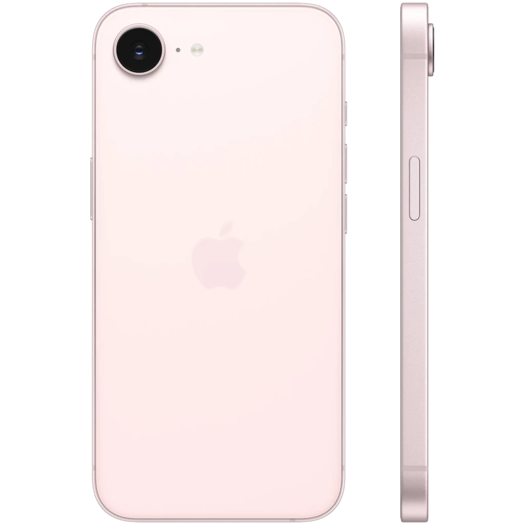 iPhone 17e rosa palo con carcasa trasera lisa, logo Apple centrado, una cámara trasera con flash; marco lateral delgado con botones y bandeja SIM