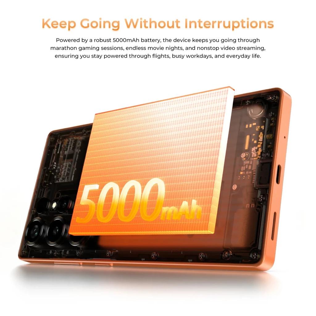 Batería 5000 mAh destacada sobre chasis interno del Oukitel C66 negro, mostrando componentes y módulo de cámara; potencia y diseño tecnológico