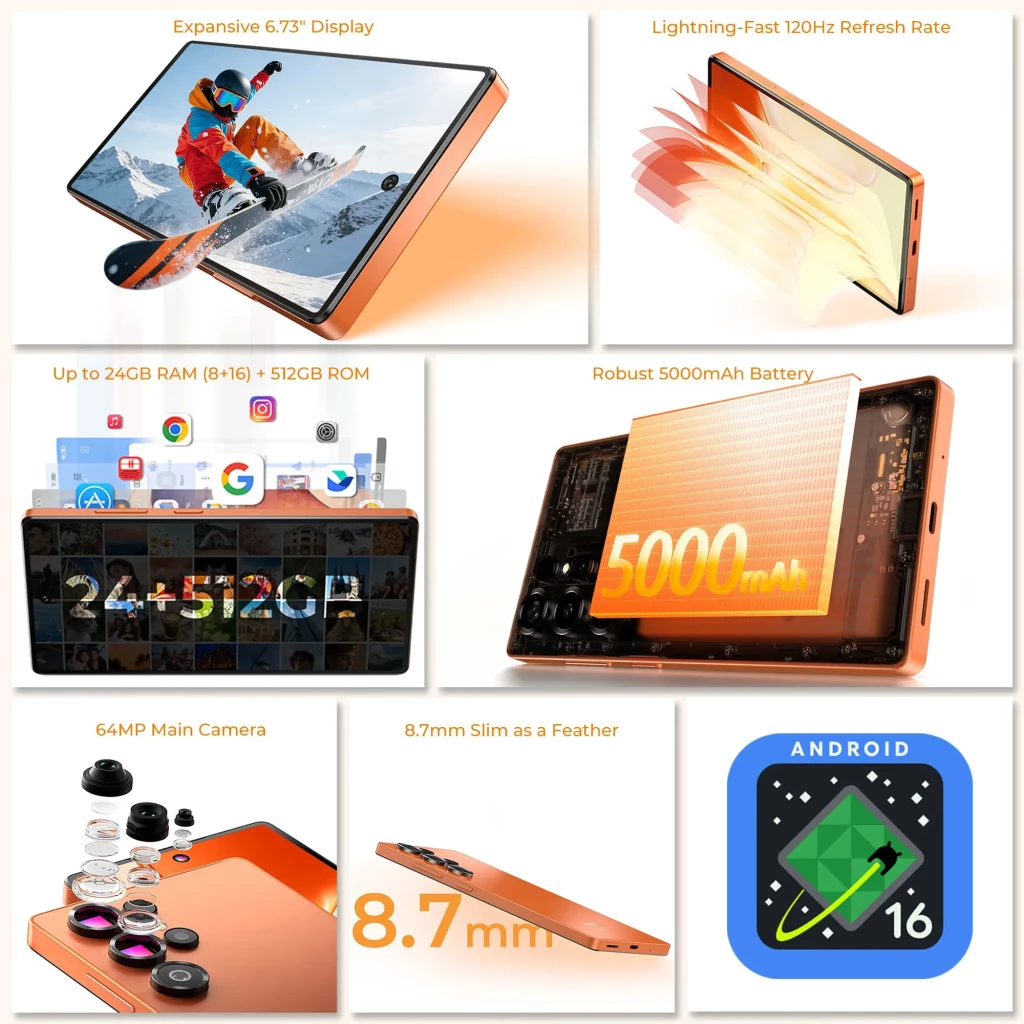 Oukitel C66 negro con pantalla 6.73 pulgadas, tasa 120 Hz, batería 5000 mAh, cámara principal SONY 64 MP, 8.7 mm de grosor y Android 16