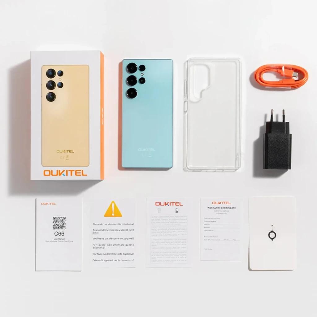 Oukitel C66 128GB negro con pantalla 120 Hz, 4 GB RAM y cámara triple 64 MP Sony; incluye caja, cargador, cable USB naranja, funda transparente y pin SIM