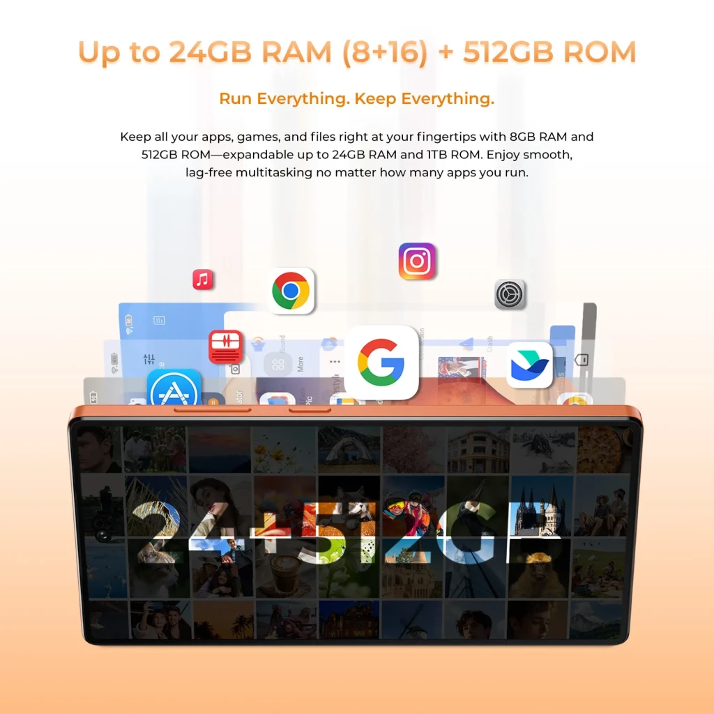 Pantalla del Oukitel C66 mostrando apps emergentes y texto 24+512GB, bordes delgados y marco naranja, ideal para multitarea fluida y almacenamiento amplio