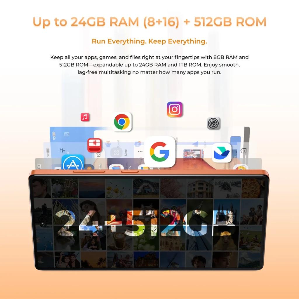 Pantalla del Oukitel C66 mostrando apps emergentes y texto 24+512GB, bordes delgados y marco naranja, ideal para multitarea fluida y almacenamiento amplio