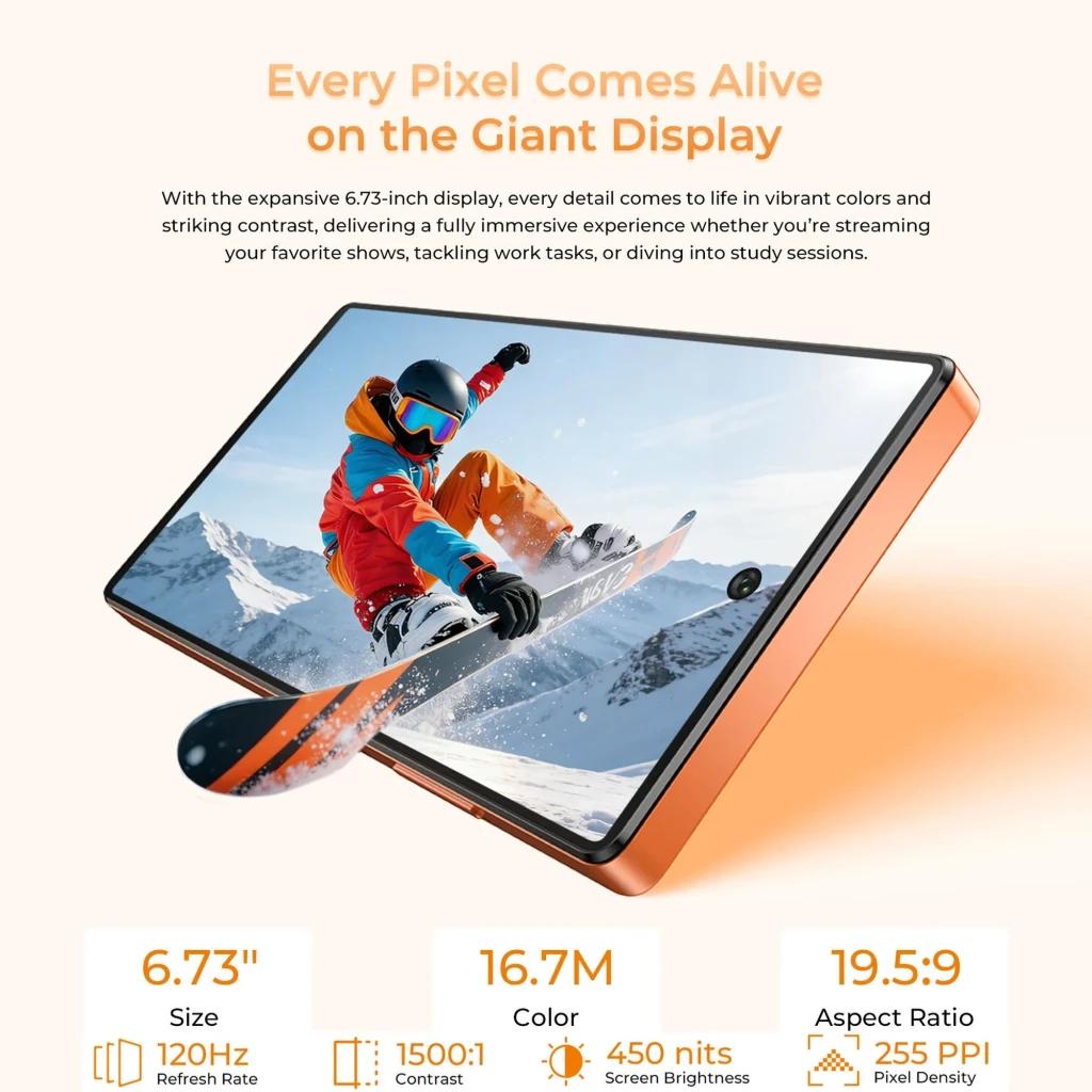 Oukitel C66 128GB negro con pantalla 6.73 pulgadas 120 Hz, marcos delgados y cuerpo naranja, imagen nítida y colorida ideal para juegos y video
