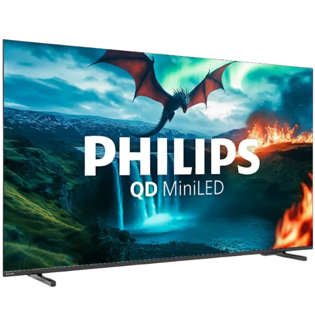 Philips 55MLED820 55 pulgadas 4K UHD QD-MiniLED con biseles delgados, panel brillante y soporte doble; imagen vibrante con alto contraste y colores intensos