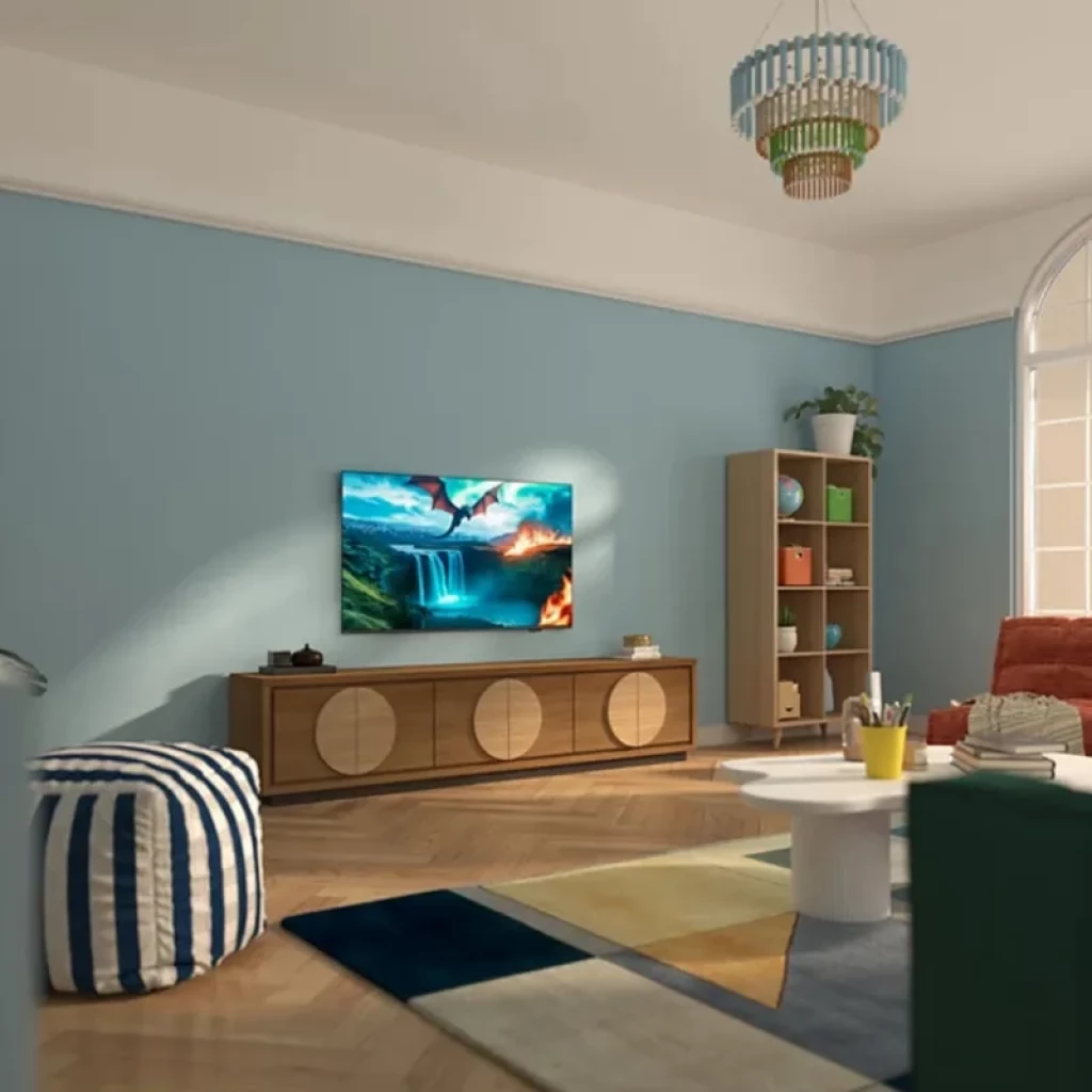 Philips 55MLED820 55 pulgadas 4K UHD QD‑MiniLED con biseles finos, montada en sala moderna; colores vibrantes, alto contraste y diseño elegante en soporte