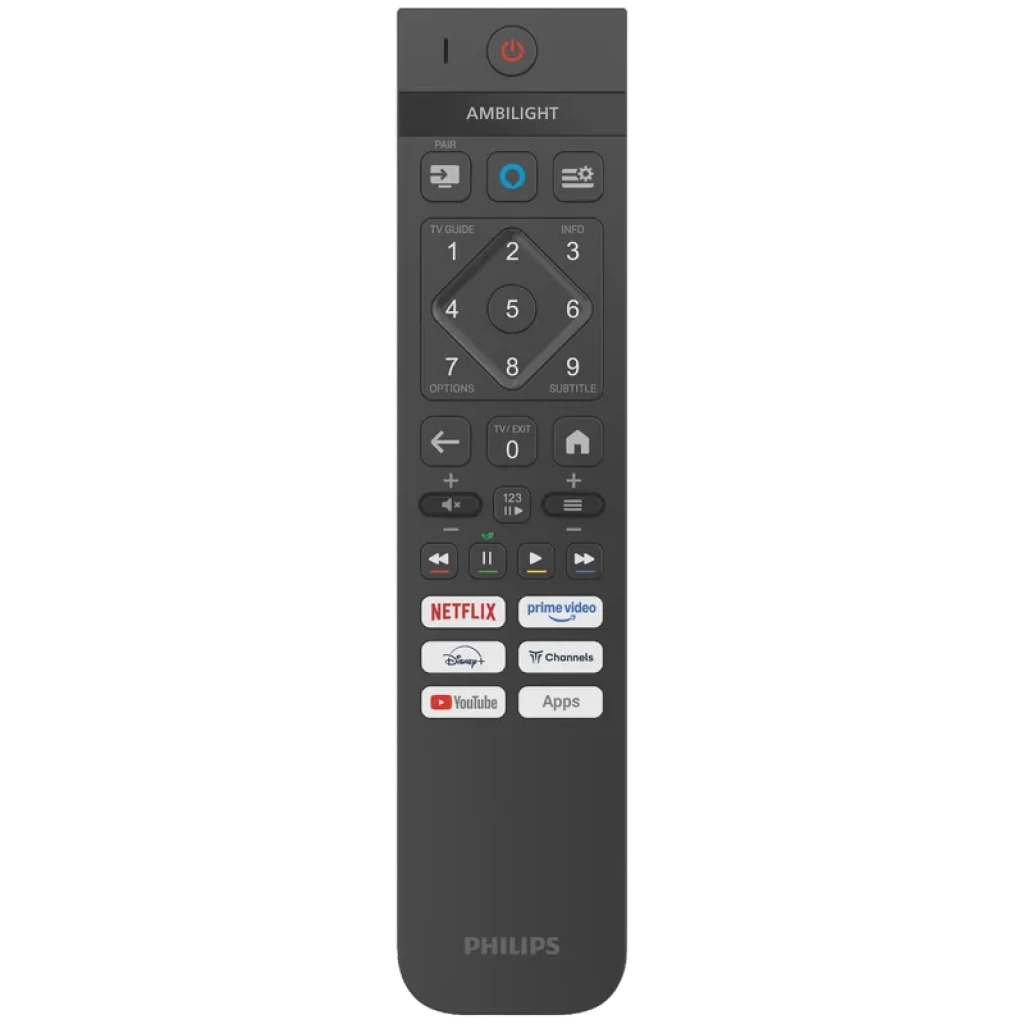 Control remoto Philips para Smart TV: cuerpo negro, teclas retroiluminadas, pad direccional, botones de volumen y canal, atajos Netflix, Prime Video, Disney+ y