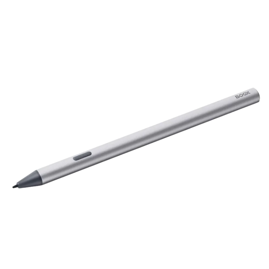 Lápiz BOOX InkSense Plus plateado con punta fina negra y botón lateral, cuerpo metálico estilizado para escritura y dibujo precisos en pantallas e-ink