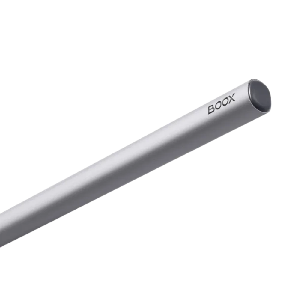 Lápiz BOOX InkSense Plus plateado con cuerpo cilíndrico, punta fina y botón lateral discreto; diseño magnético minimalista para escritura precisa