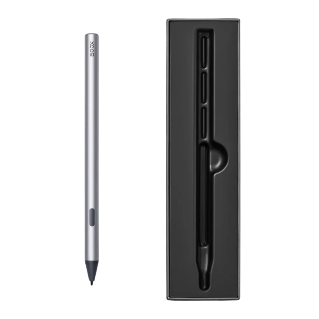 BOOX InkSense Plus con botón lateral - Lápiz Stylus plateado, cuerpo metálico delgado, punta fina intercambiable y estuche negro moldeado para su ajuste
