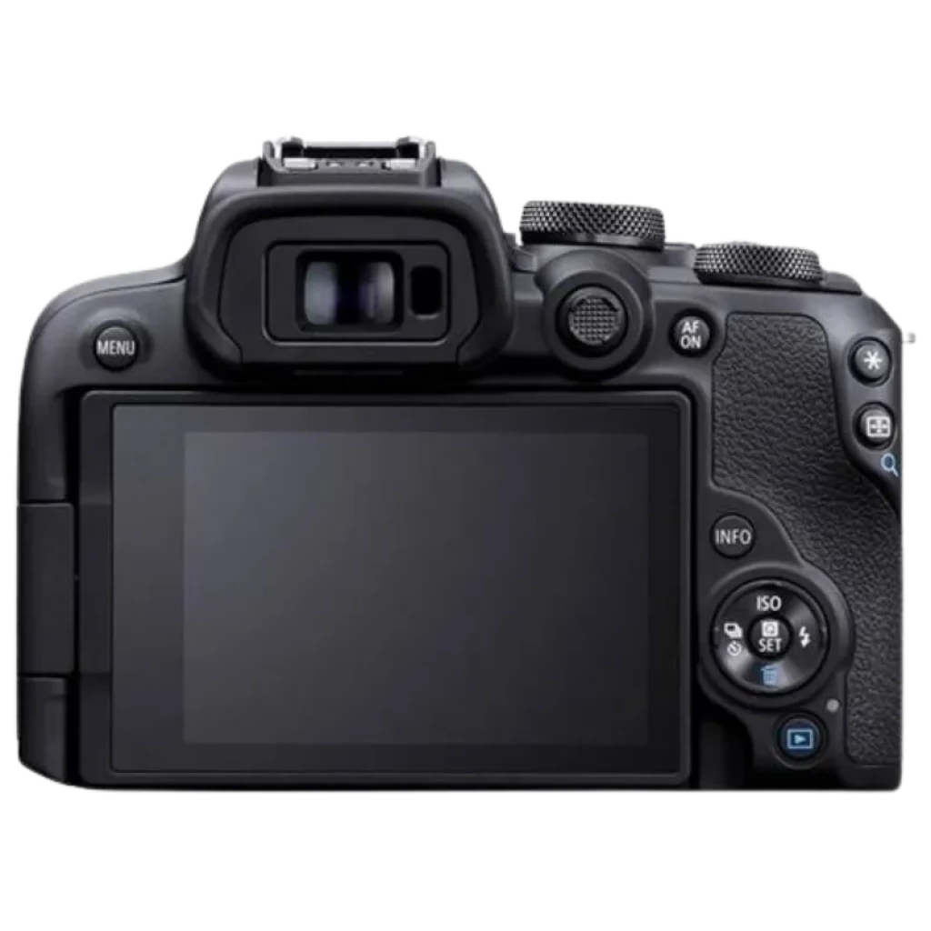 Parte trasera de la Canon EOS R10 mirrorless con pantalla LCD grande, visor electrónico, dial de control y botones ISO, menú e info de fácil acceso