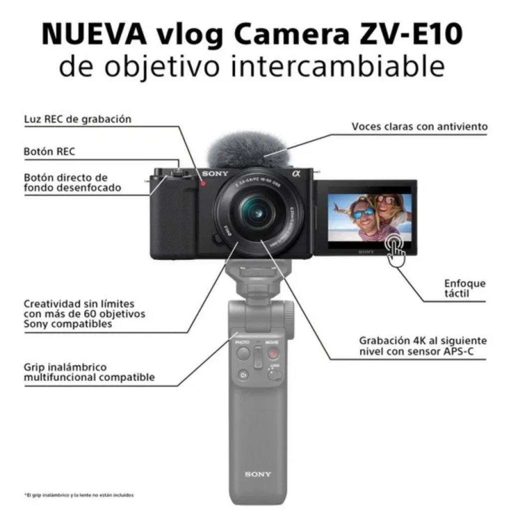 Sony Alpha ZV-E10 cámara EVIL para vlogging con lente intercambiable, vídeo 4K, pantalla articulada táctil, micrófono con antiviento y grip Bluetooth