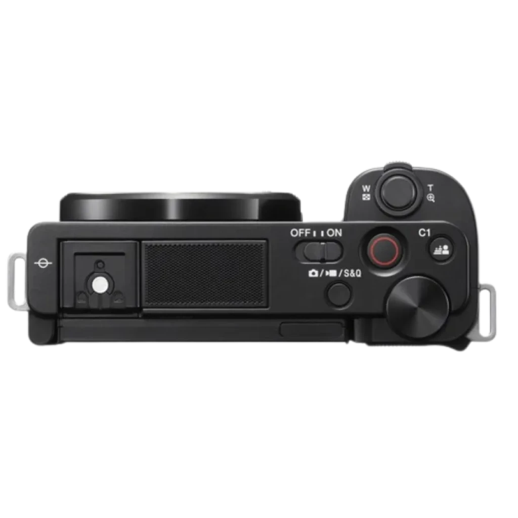 Sony Alpha ZV-E10 cuerpo superior con dial C1, botón rojo REC, zoom W/T, selector ON/OFF y zapata; diseño negro compacto ideal para vlogging 4K y pantalla