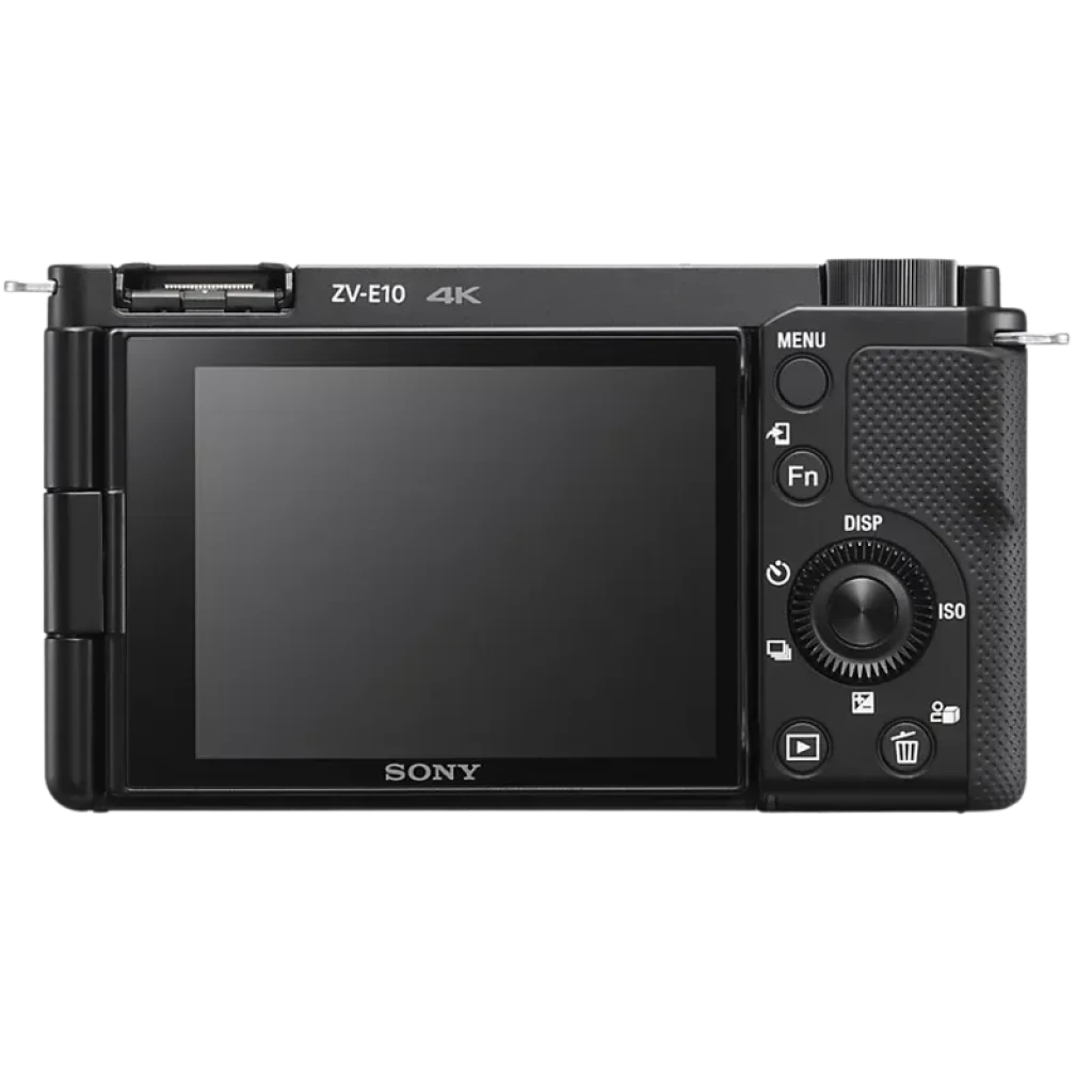 Sony Alpha ZV-E10 4K con pantalla articulada lateral, botones Fn y dial de control, empuñadura texturizada y zapata superior para accesorios, ideal vlogging