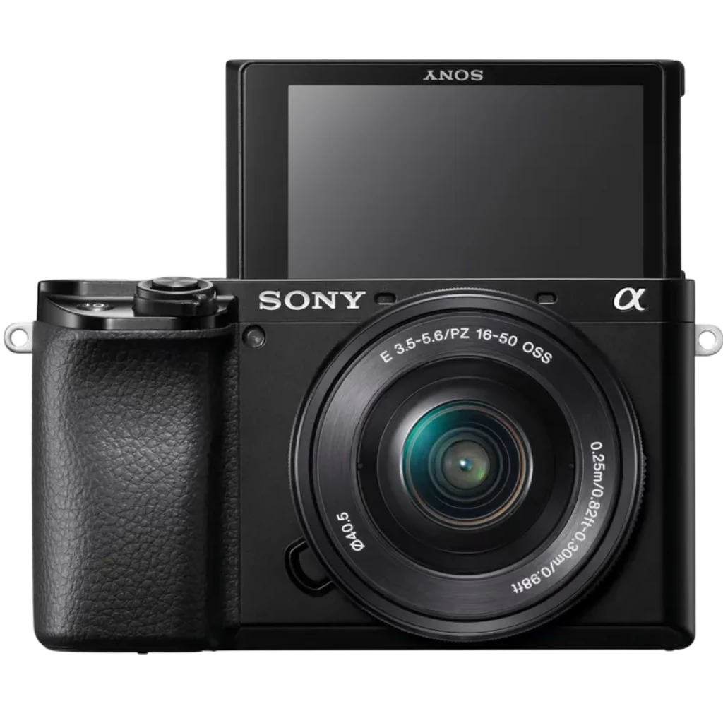 Sony Alpha 6100A en negro con pantalla abatible, empuñadura texturizada y lente 16-50 mm OSS; cuerpo compacto APS-C ideal para video y fotografía