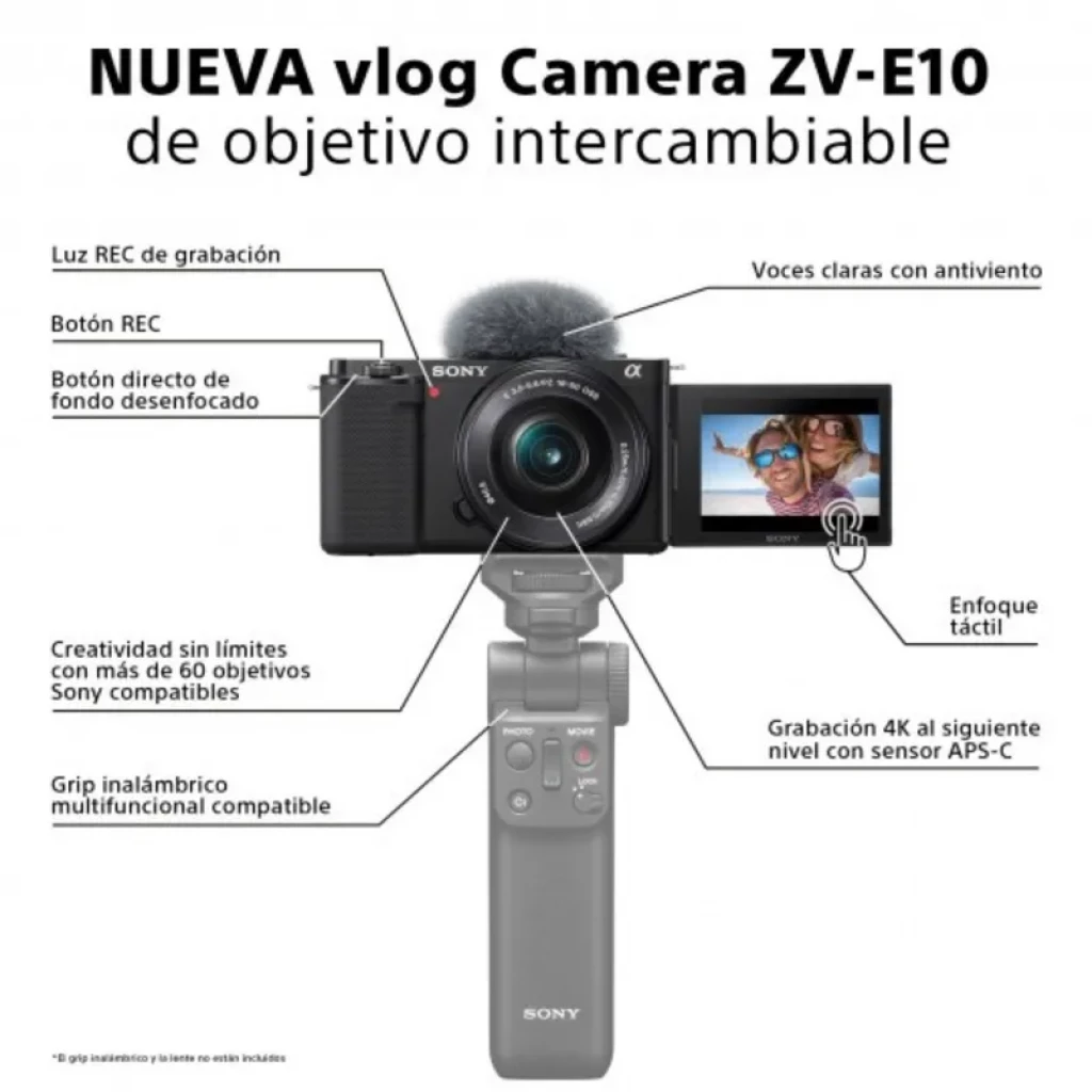 Sony ZV-E10 con lente 16-50mm y empuñadura con controles; pantalla abatible lateral mostrando selfie, micrófono con antiviento y cuerpo compacto APS-C