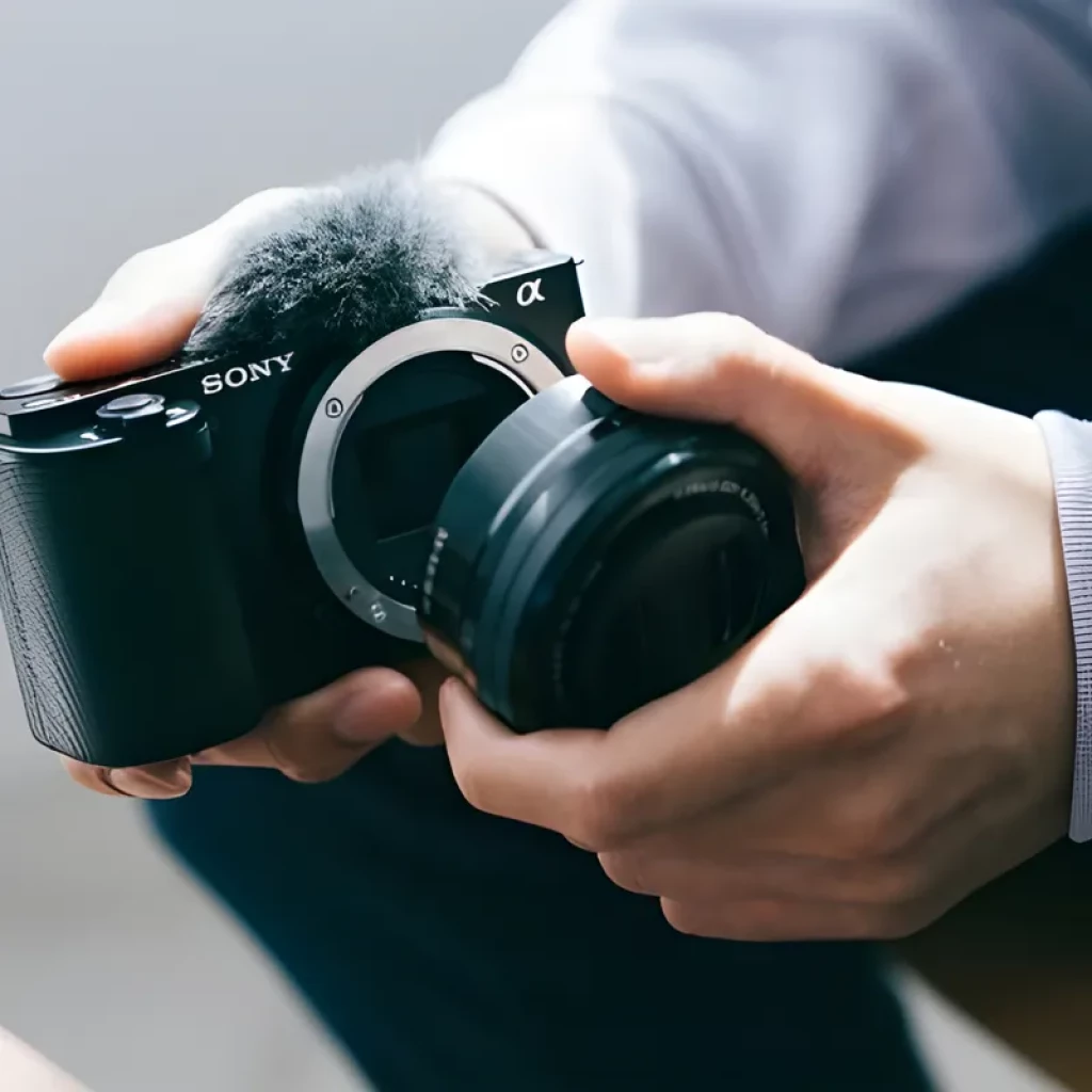 Cámara Sony ZV-E10 negra con micrófono antiviento y montaje de lente; se muestra acoplando el objetivo E PZ 16-50mm F3.5-5.6 OSS II en el cuerpo APS-C