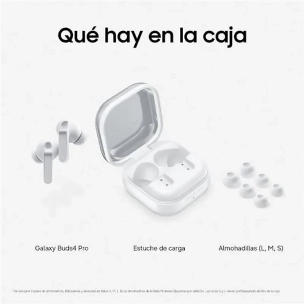 Samsung Galaxy Buds4 Pro R640 Negro con estuche de carga blanco abierto y tres pares de almohadillas L M S; diseño in-ear compacto y moderno