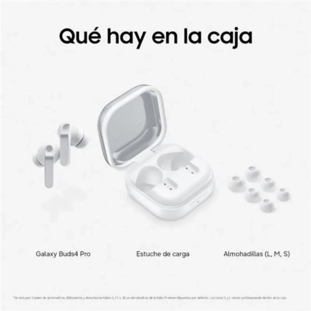 Samsung Galaxy Buds4 Pro R640 Negro con estuche de carga blanco abierto y tres pares de almohadillas L M S; diseño in-ear compacto y moderno