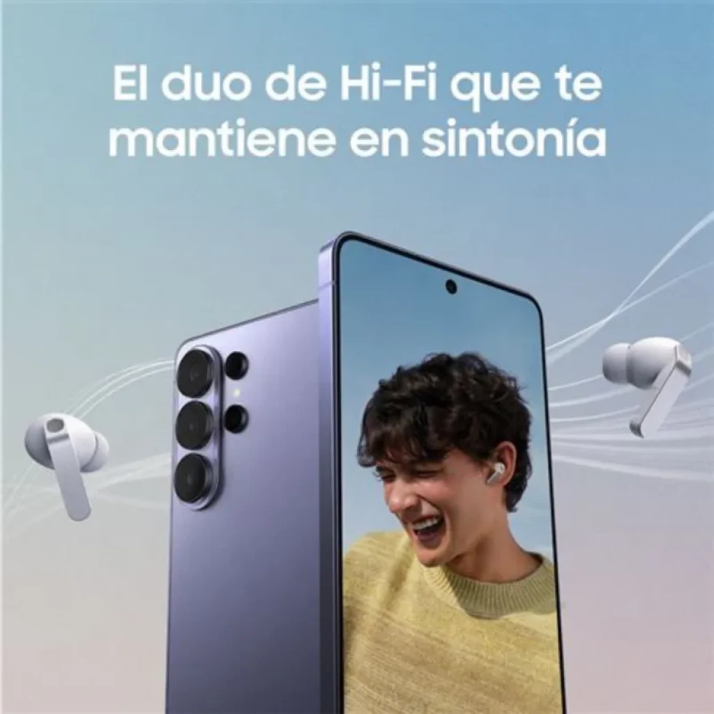 Samsung Galaxy Buds4 Pro R640 negro con diseño intraural, acabado mate y aletas de ajuste; estuche compacto y auriculares con micrófonos visibles y LEDs