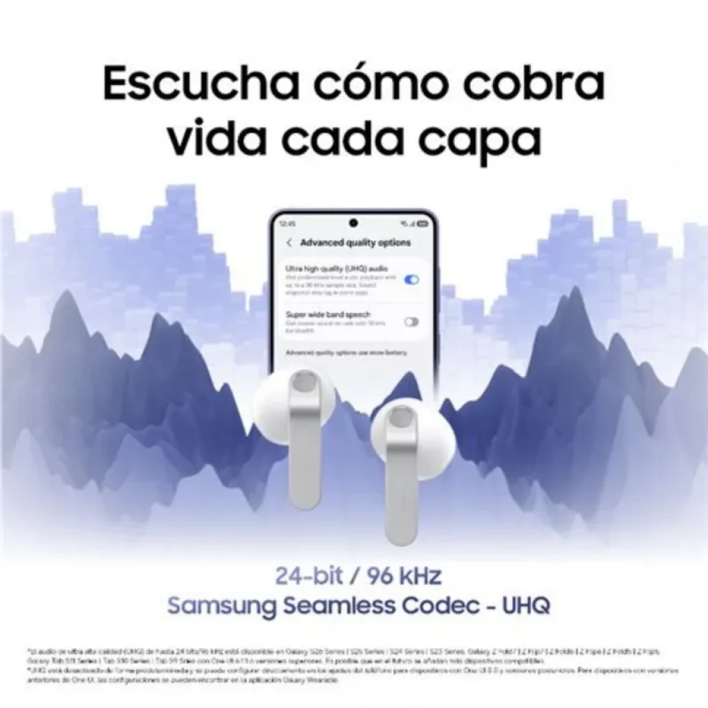 Samsung Galaxy Buds4 R540 negros con vástago plateado, diseño intraural compacto, estuche blanco ovalado y controles táctiles, estilo moderno y minimalista