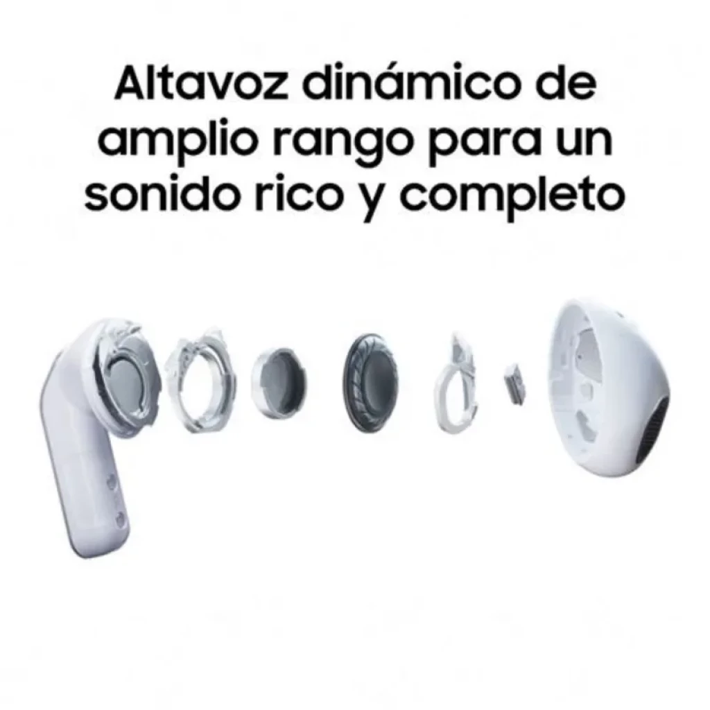 Samsung Galaxy Buds4 R540 Negro Bluetooth 6.1 ANC con altavoz dinámico de amplio rango, piezas internas visibles y acabado negro elegante