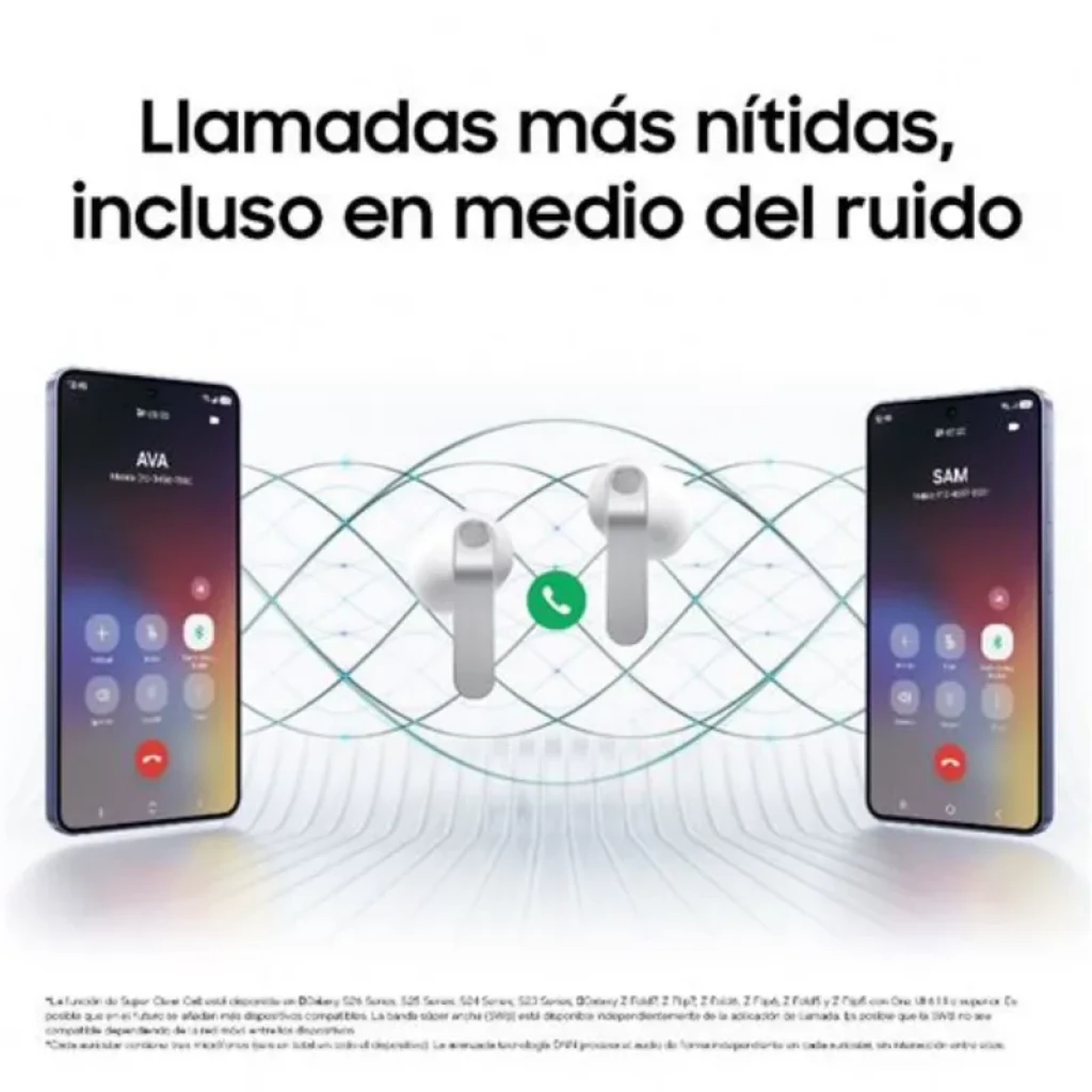 Samsung Galaxy Buds4 R540 negros con diseño intraaural, estuche compacto y micrófonos visibles; resaltan ANC y Bluetooth 6.1 para llamadas nítidas en ruido