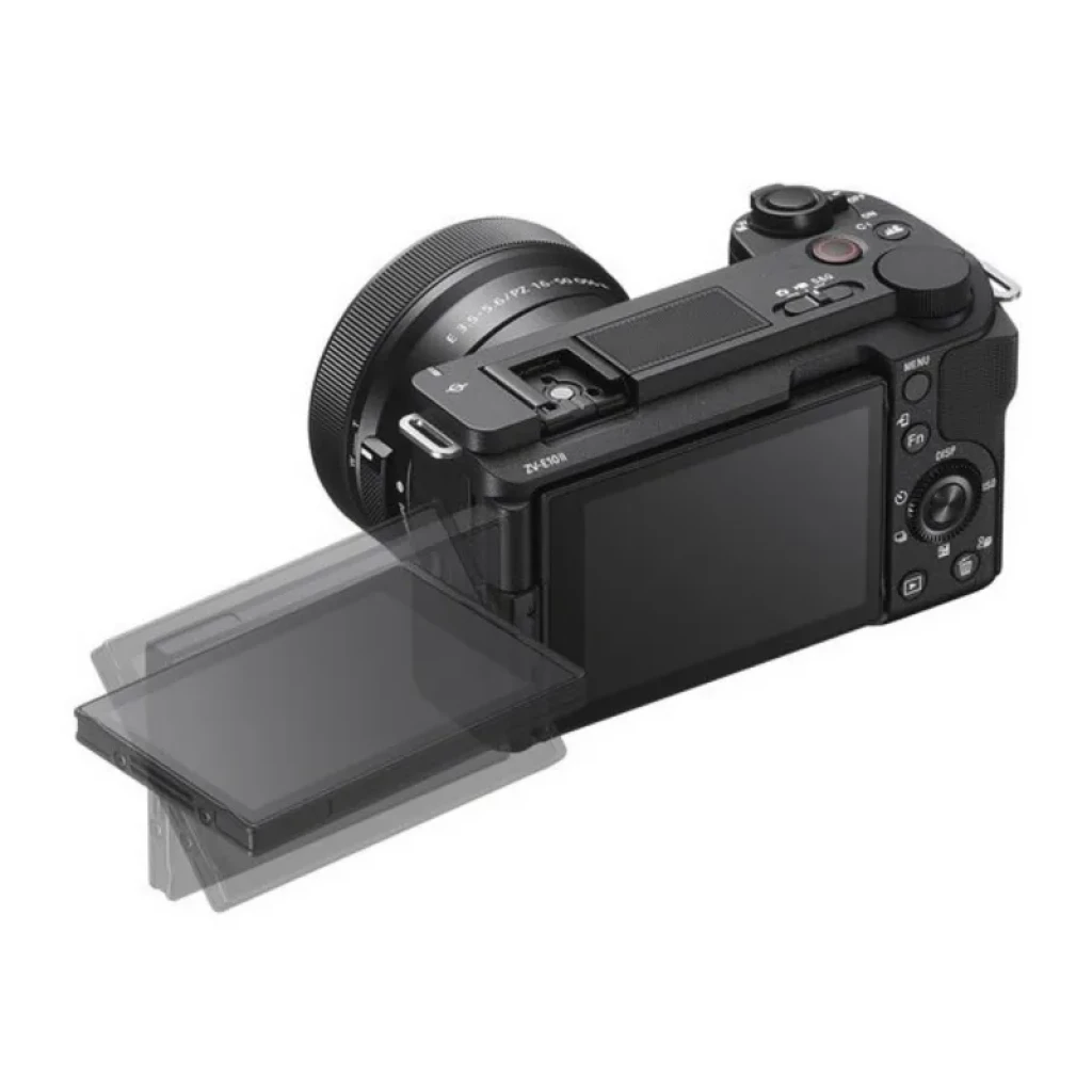 Cámara Sony ZV-E10 II negra con pantalla abatible táctil, cuerpo compacto, controles laterales, zapata superior y objetivo intercambiable para vlogging 4K