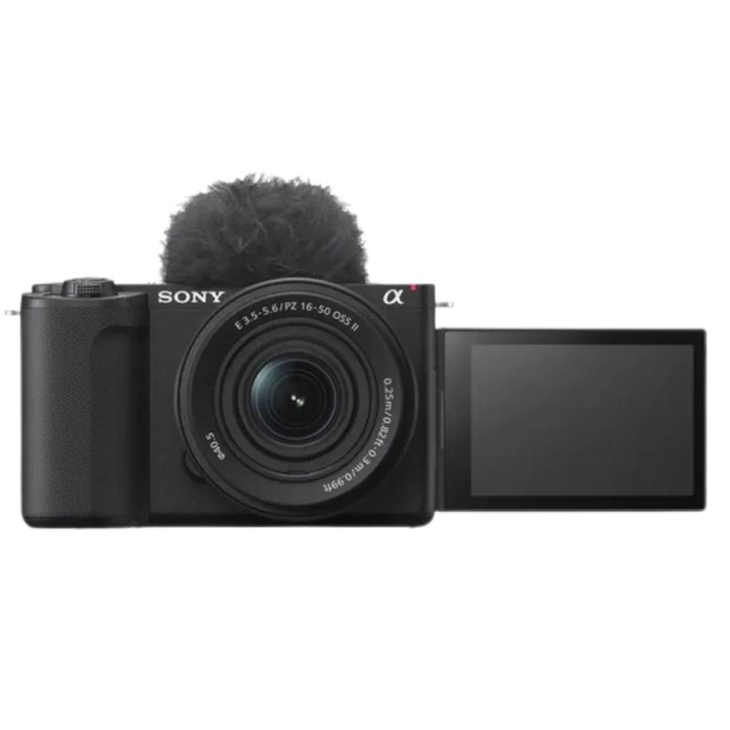 Sony ZV-E10 II con pantalla abatible lateral, lente 16-50 mm, micrófono con paraviento, cuerpo compacto negro, ideal para vlogging 4K 10 bits