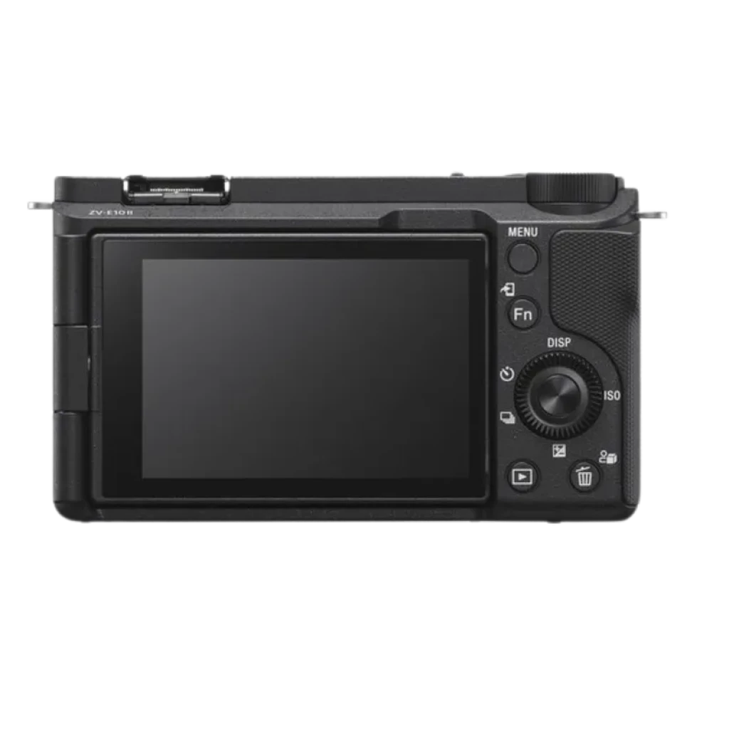 Sony ZV-E10 II vista trasera con pantalla LCD abatible, controles ISO y menú, rueda de mando y botones dedicados para vlogging y vídeo 4K 10 bits