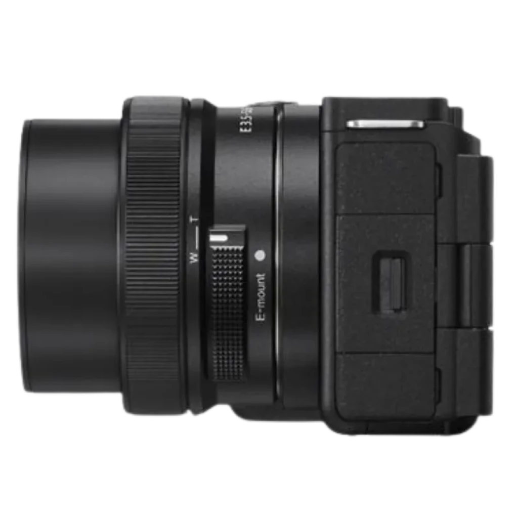 Sony ZV-E10 II cuerpo compacto negro, lente E-mount con zoom W-T, anillo de enfoque texturizado y puerto lateral, diseño para vlogging y video 4K 10 bits