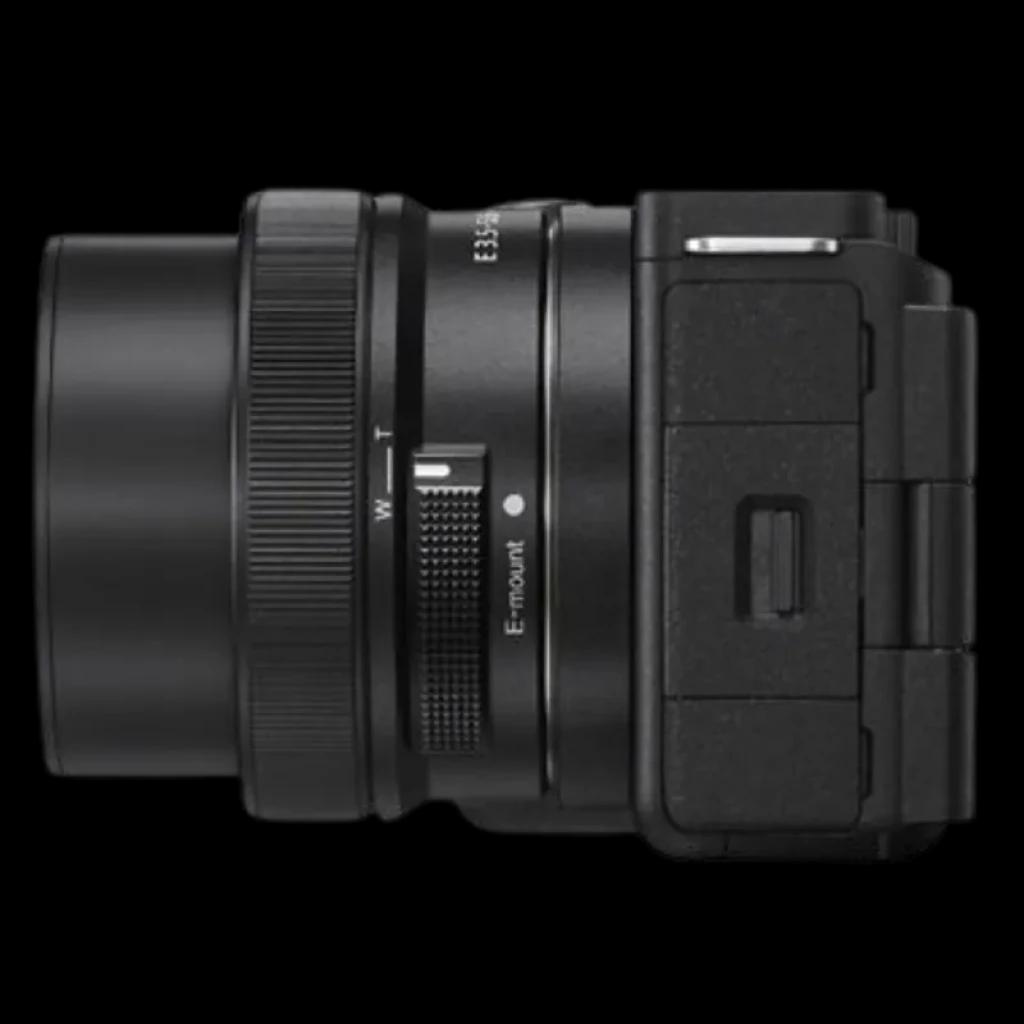 Sony ZV-E10 II cuerpo compacto negro, lente E-mount con zoom W-T, anillo de enfoque texturizado y puerto lateral, diseño para vlogging y video 4K 10 bits