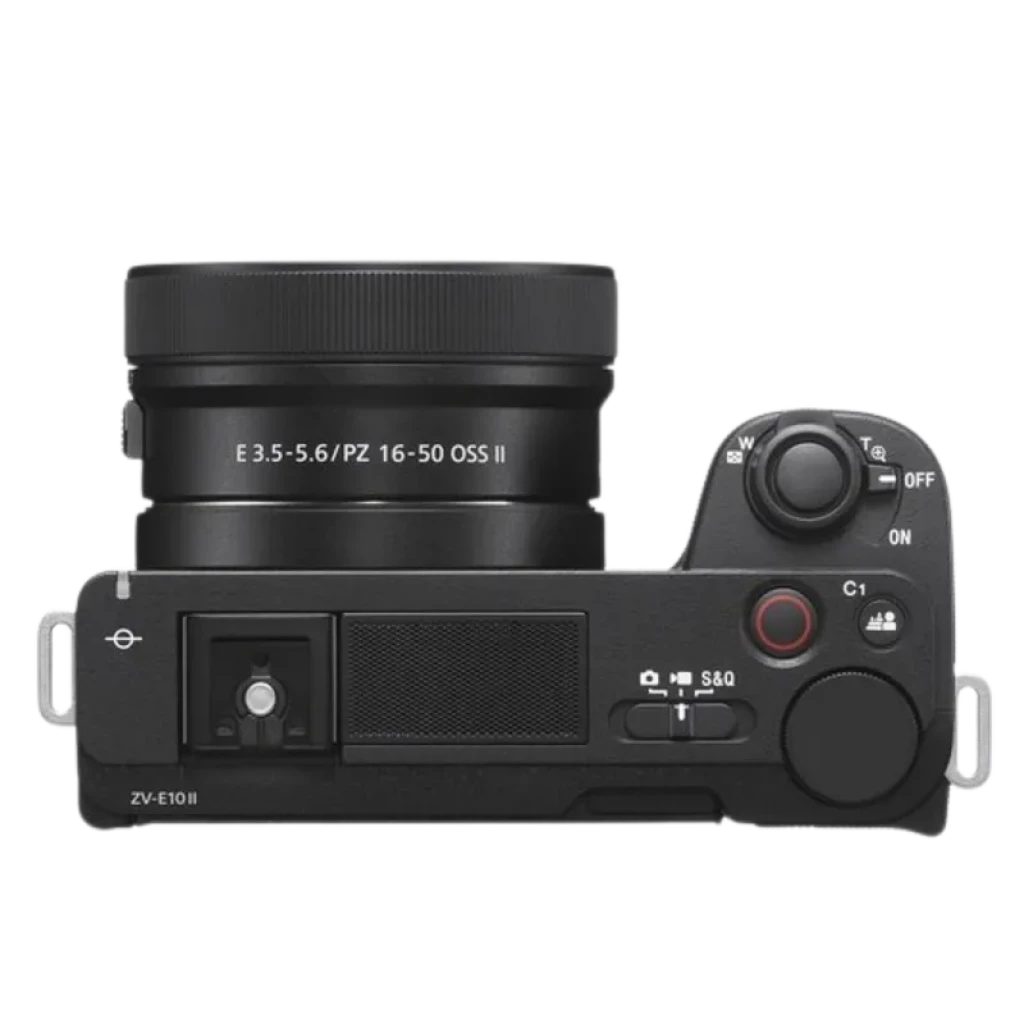 Sony ZV-E10 II vista superior con lente 16-50 mm PZ OSS II, botones de grabación y dial de control, cuerpo negro compacto para vlogging y video 4K 10 bits