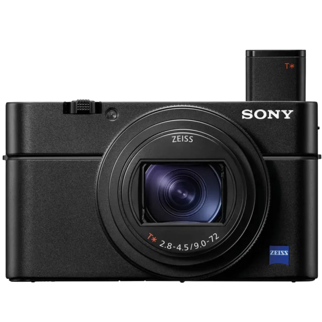 Cámara compacta Sony negra con lente ZEISS 24-200mm, anillo de control en el objetivo y visor electrónico emergente, diseño premium y acabado mate