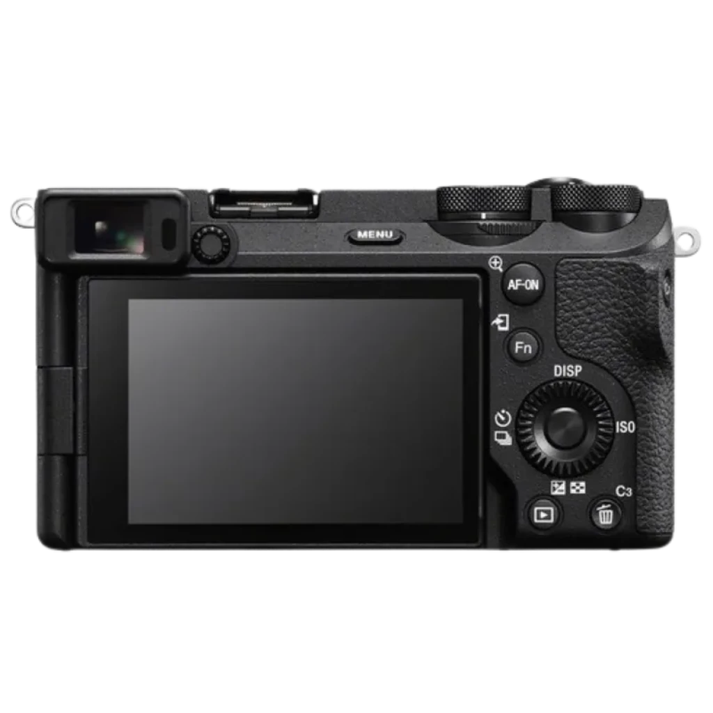 Parte trasera de cámara Sony Alpha 6700 EVIL APS-C con pantalla LCD grande, visor lateral, diales texturizados, botón AF-ON y controles ISO DISP y menú