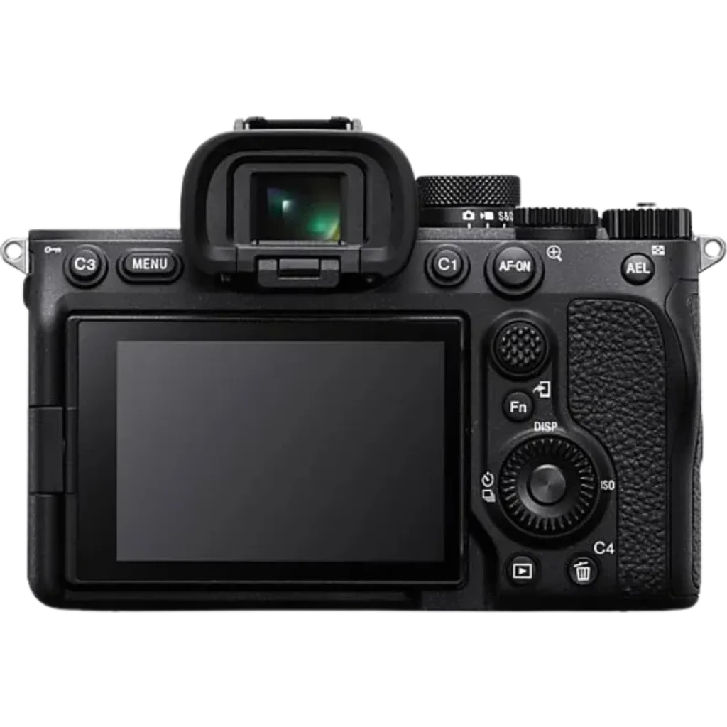 Sony Alpha 7 IV ILCE-7M4 vista trasera con pantalla LCD grande, visor electrónico prominente, botones C3 C4 y rueda de control; cuerpo negro texturizado