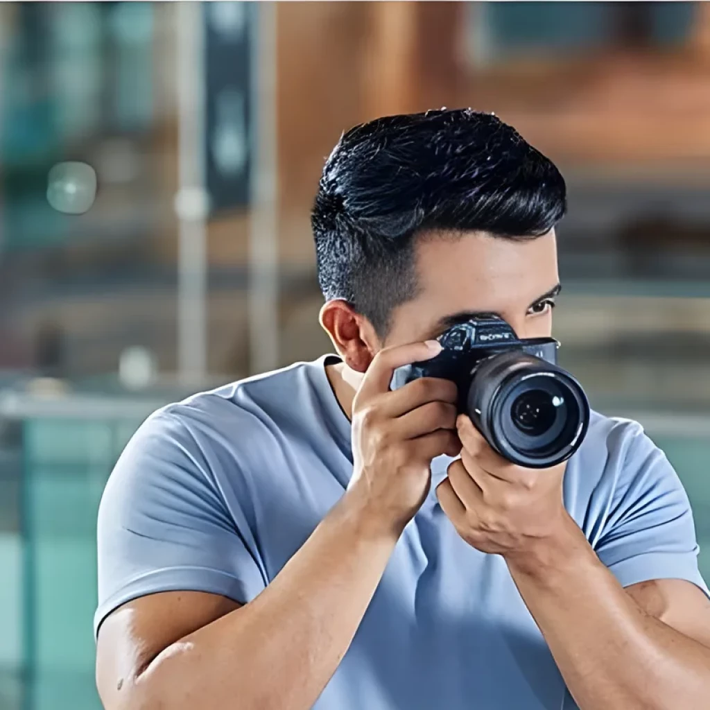 Sony Alpha 7 IV ILCE-7M4 cámara mirrorless full frame con lente zoom, cuerpo negro ergonómico, visor electrónico y agarre robusto en uso handheld