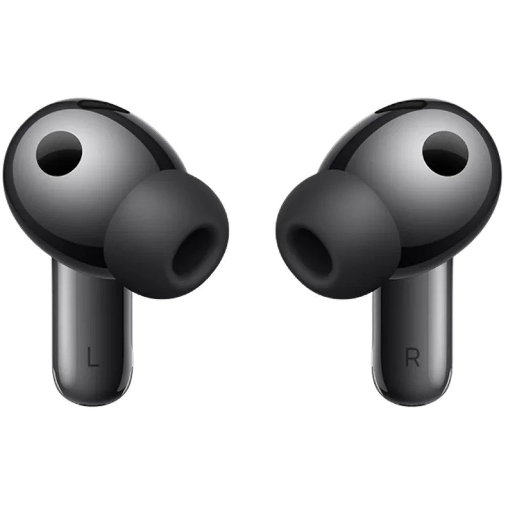 Auriculares Huawei FreeBuds Pro 5 grises con diseño in-ear, acabado metálico, almohadillas de silicona negras y marcas L y R visibles en cada pieza