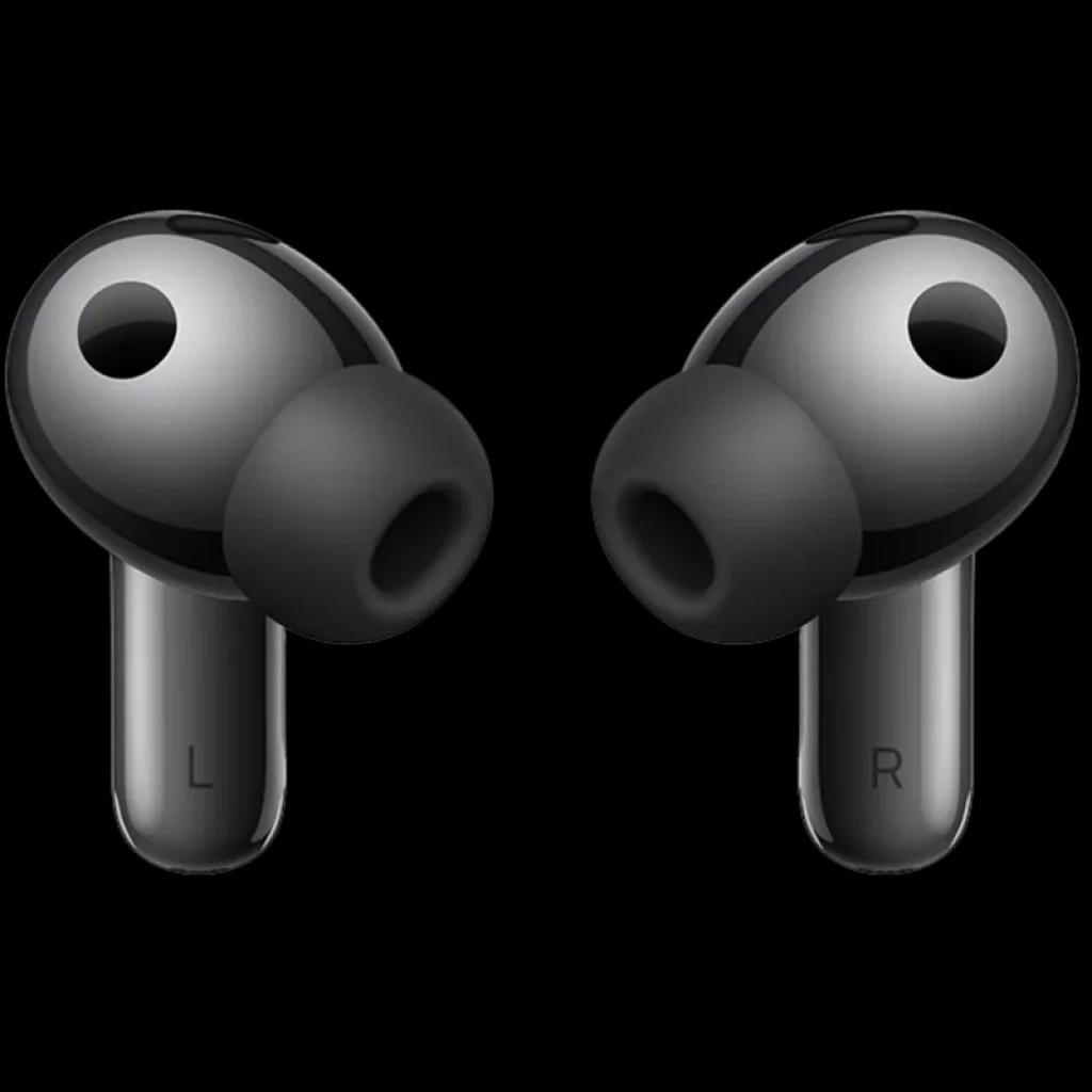 Auriculares Huawei FreeBuds Pro 5 grises con diseño in-ear, acabado metálico, almohadillas de silicona negras y marcas L y R visibles en cada pieza