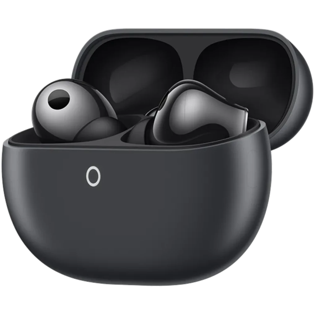 Estuche gris mate con indicador LED y auriculares in-ear Huawei FreeBuds Pro 5 de acabado brillante, diseño compacto y boquillas de silicona intercambiables