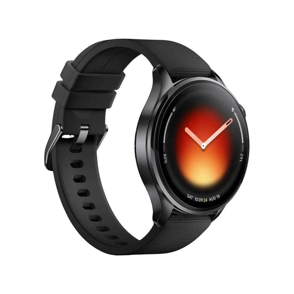 Xiaomi Watch 5 Negro, smartwatch con caja redonda negra, pantalla AMOLED con esfera degradada rojo-naranja, correa de silicona negra, hebilla metálica, GPS