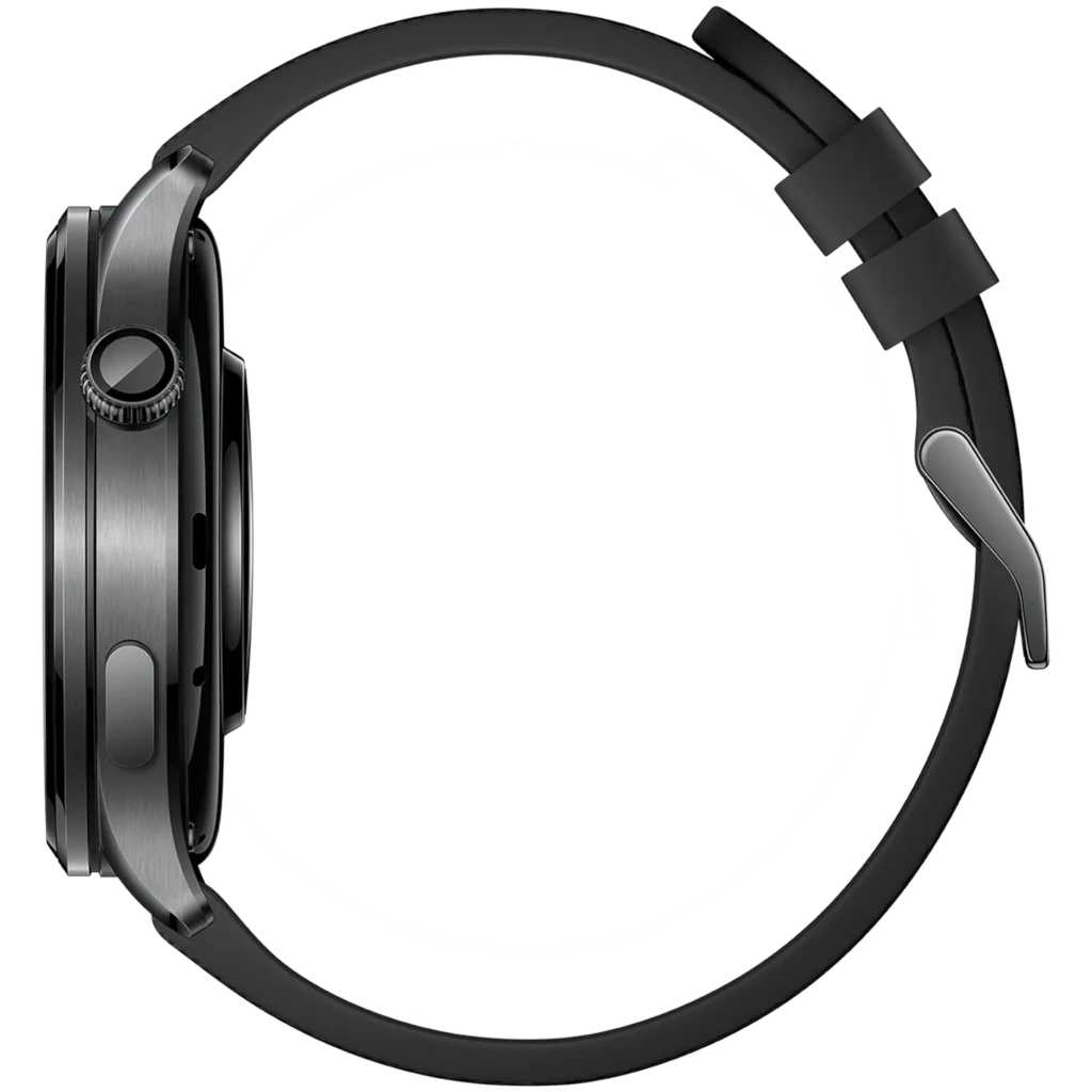 Xiaomi Watch 5 Negro con caja metálica oscura, corona lateral texturizada, botones discretos y correa de silicona negra con hebilla clásica; GPS integrado