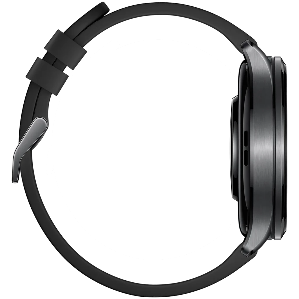 Xiaomi Watch 5 Negro con correa de silicona negra, cierre clásico y caja metálica gris oscuro, vista lateral que muestra perfil delgado y botones discretos