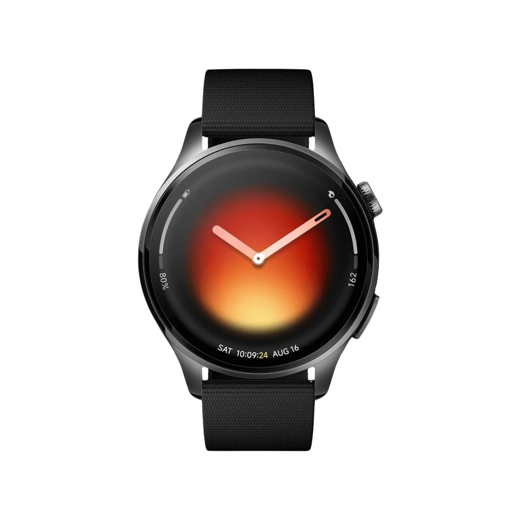 Xiaomi Watch 5 Negro con pantalla circular AMOLED, bisel metálico pulido, correa de silicona negra y corona lateral; esfera con degradado naranja y rojo