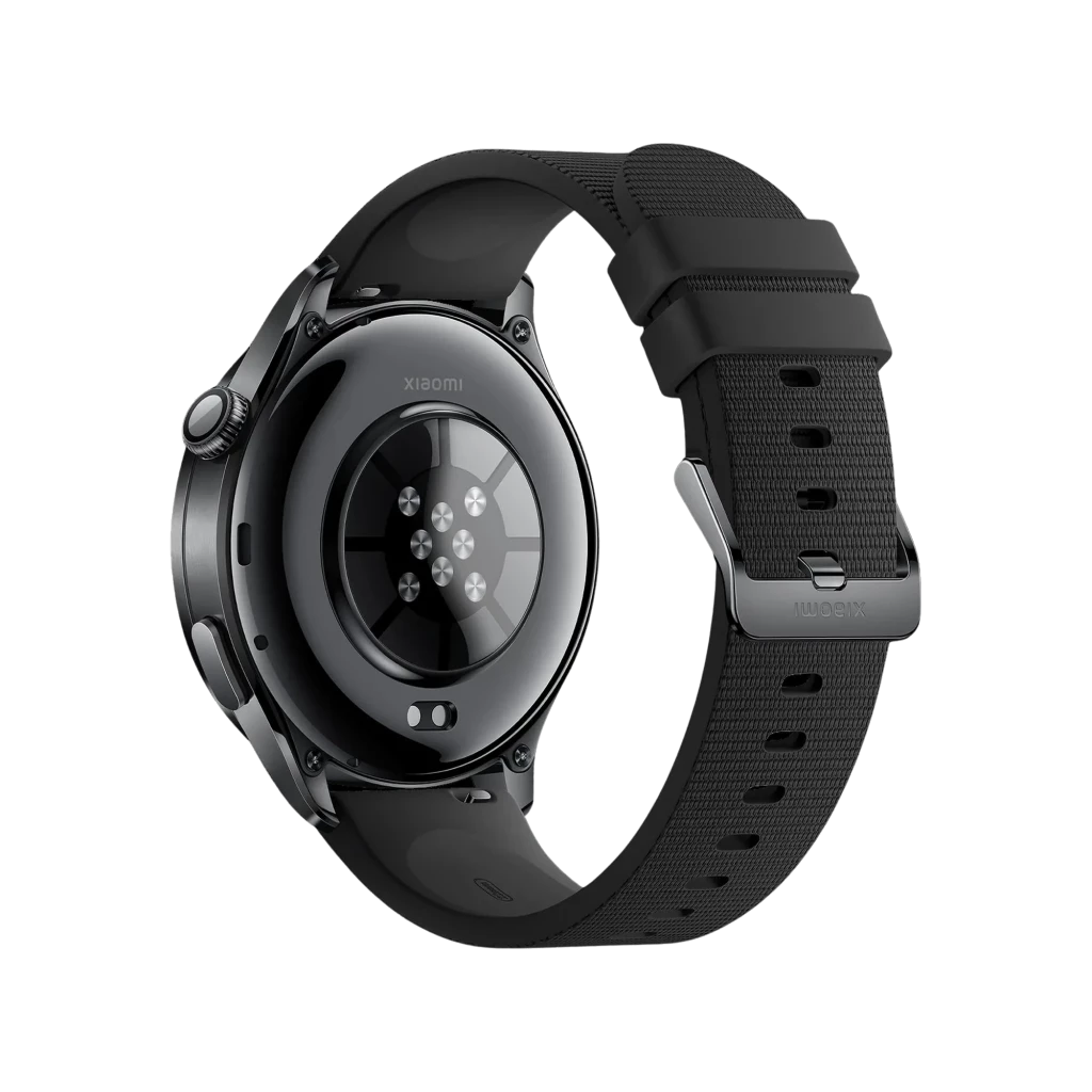 Xiaomi Watch 5 Negro con correa de silicona ajustable, hebilla metálica y sensores de salud en la parte trasera; diseño redondo y acabado mate elegante