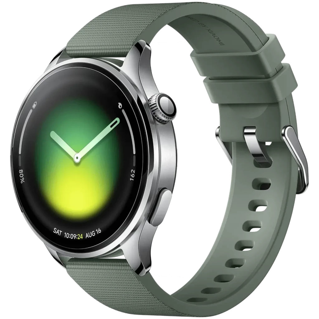 Xiaomi Watch 5 Verde Enebro con caja metálica, pantalla circular AMOLED sin bisel, corona lateral y correa de silicona negra con hebilla y ranuras ajustables