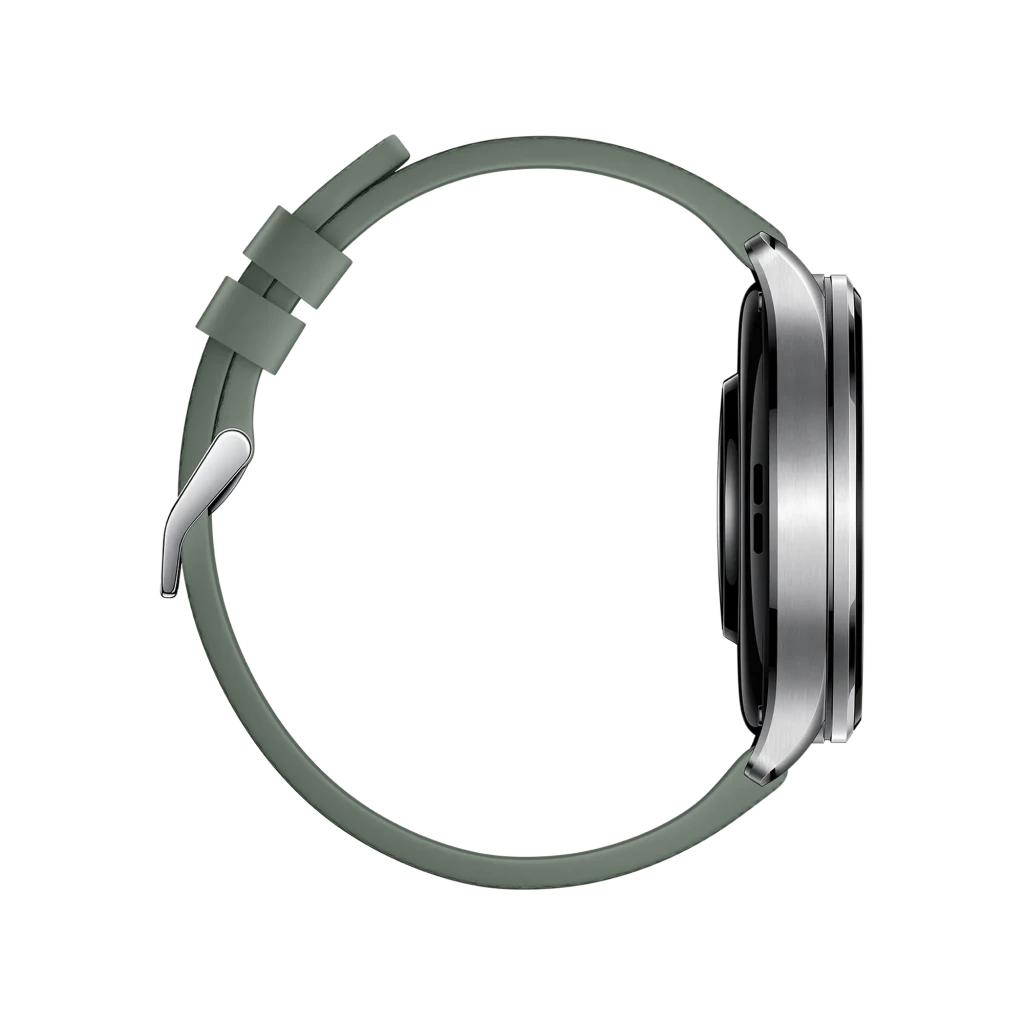 Xiaomi Watch 5 Verde Enebro visto de perfil, caja metálica plateada, corona lateral, correa de silicona verde con hebilla clásica y ajuste perforado