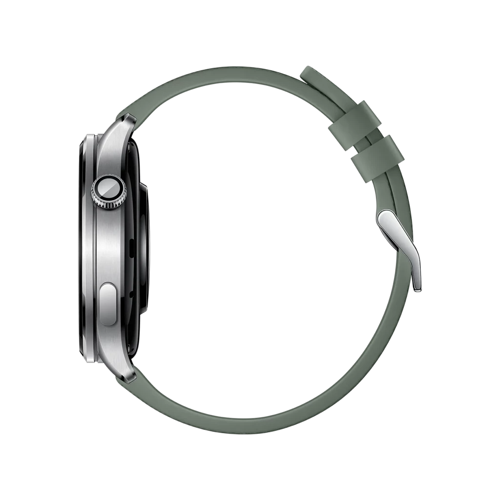 Xiaomi Watch 5 Verde Enebro con caja plateada vista lateral, corona estriada y botón lateral, correa de silicona verde con hebilla metálica ajustable
