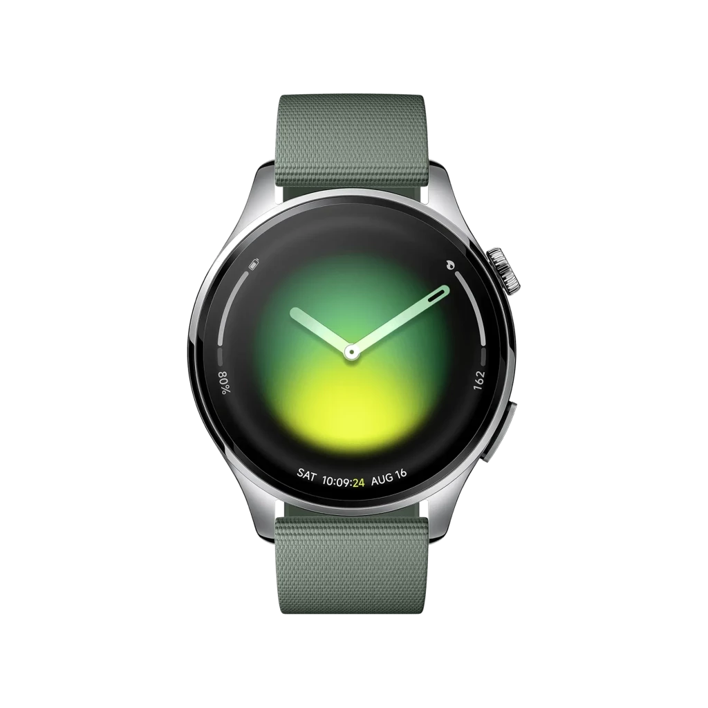 Xiaomi Watch 5 Verde Enebro con correa texturizada verde, caja plateada y pantalla circular AMOLED con degradado verde-amarillo y bisel delgado